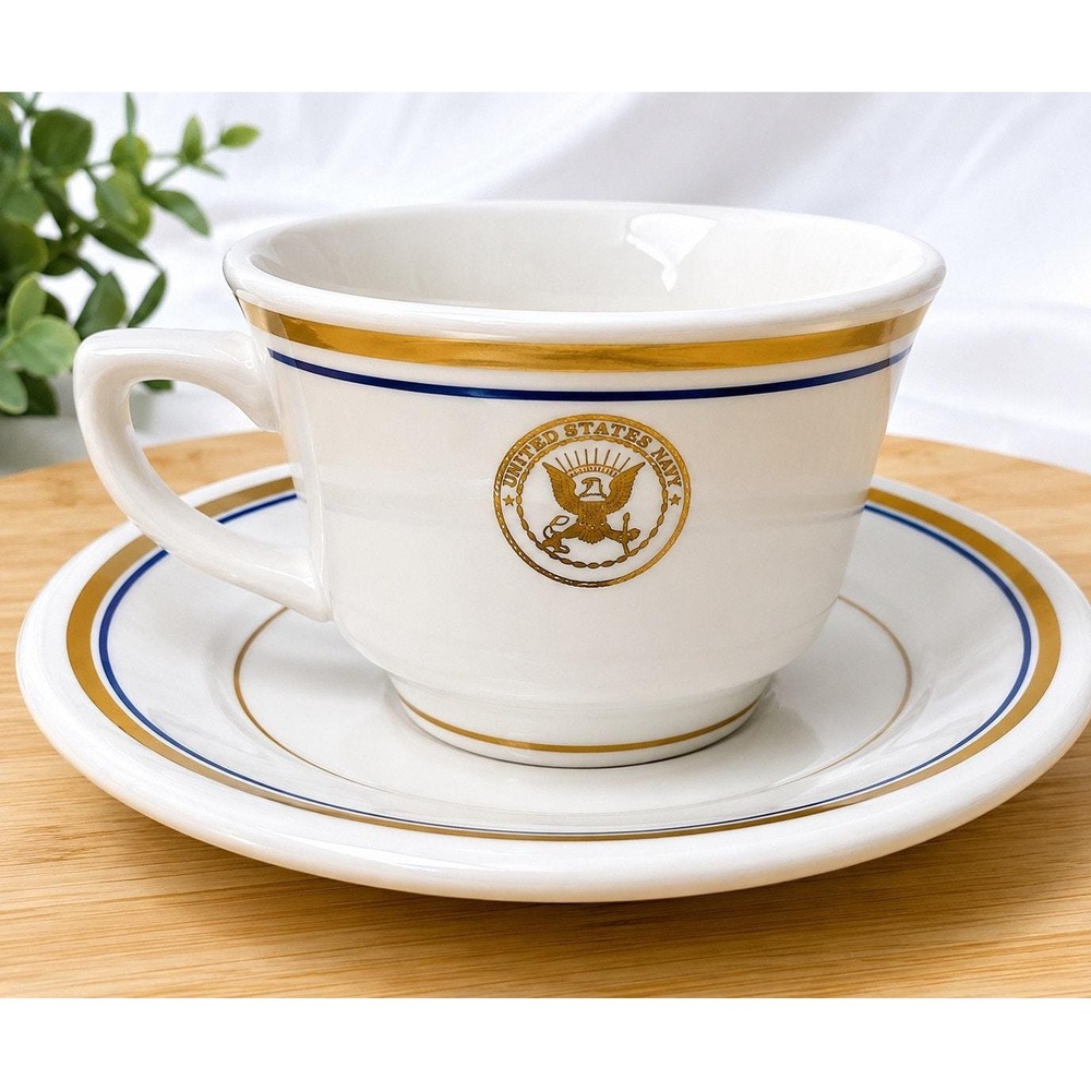 Vintage US Navy Cup & Saucer Blue Gold China USA Homer Laughlin Navy Collector